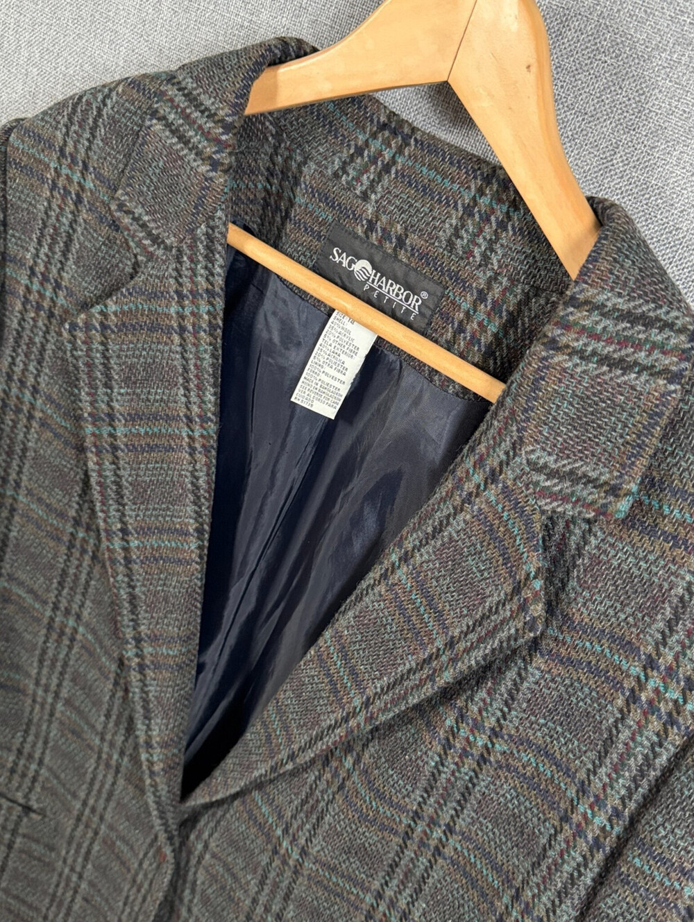Vintage Sag Harbor Petite Plaid Tweed Academia Blazer Women's 14 Wool Blend